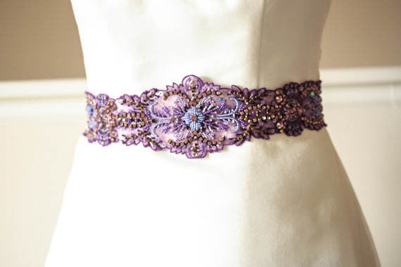 purple wedding dress sash Purple Sash on Galina Signature Wedding Dress