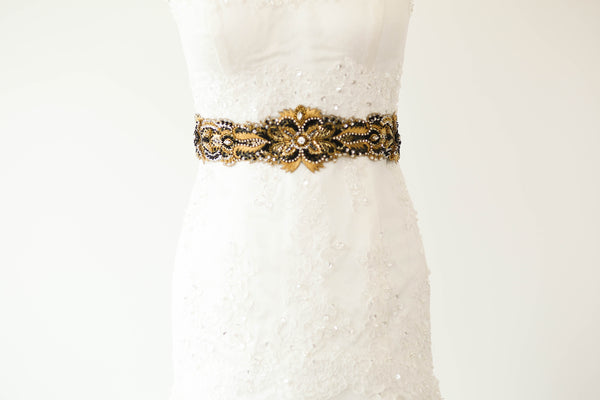 Black Bridal Belt Black and Gold Bridal Sash Belt Bridesmaid Sash