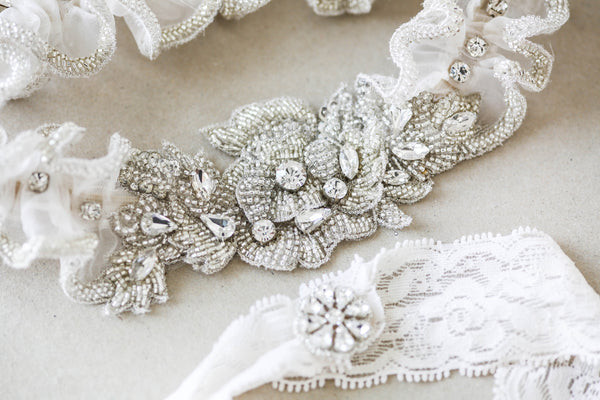 Embellished Bridal Garter Set with Beads and Rhinestones- Millieicaro Embellished Bridal Garter Set with Beads and Rhinestones- Millieicaro