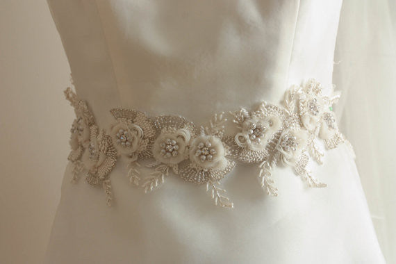 ivory sashes for dresses 4663 Boho Pearls & Crystal Leaves Hand Wired Floral Vine Bridal Belt on Ivory Ribbon