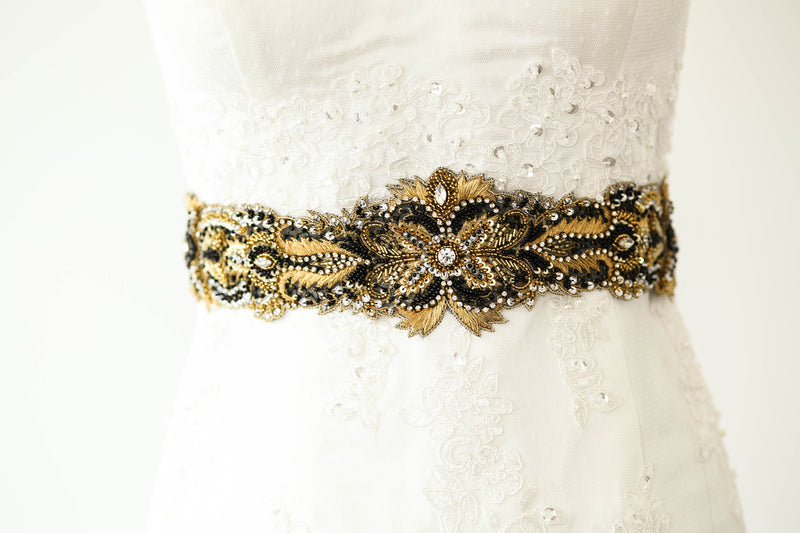Black Bridal Belt | Black and Gold Bridal Sash Belt | Bridesmaid Sash