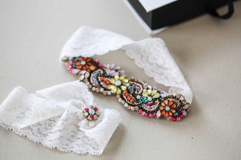 Multi Colored Custom Bridal Garter Set