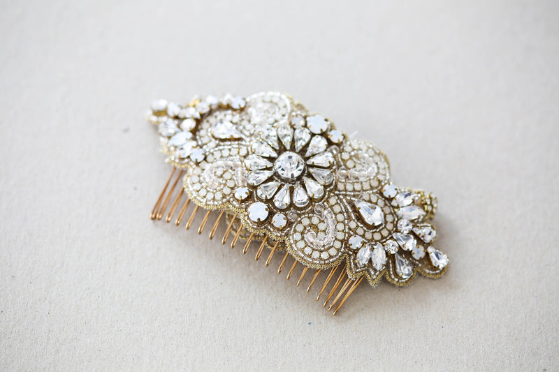 Wedding Hair Comb in Gold and Opal Colors