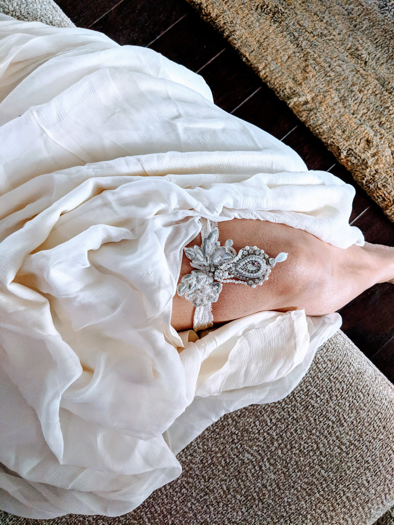 Ivory and Silver Wedding Garter with Crystal Accents - Style G1902