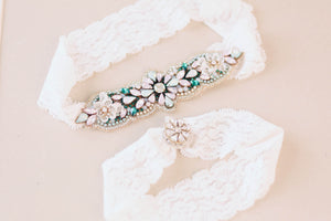 Multicolored Wedding Garter in Green Pink and Gold - Style R117