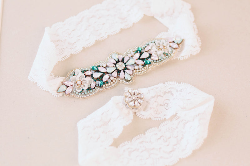 Multicolored Wedding Garter in Green Pink and Gold - Style R117