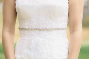 Narrow beaded bridal sash in silver and opal