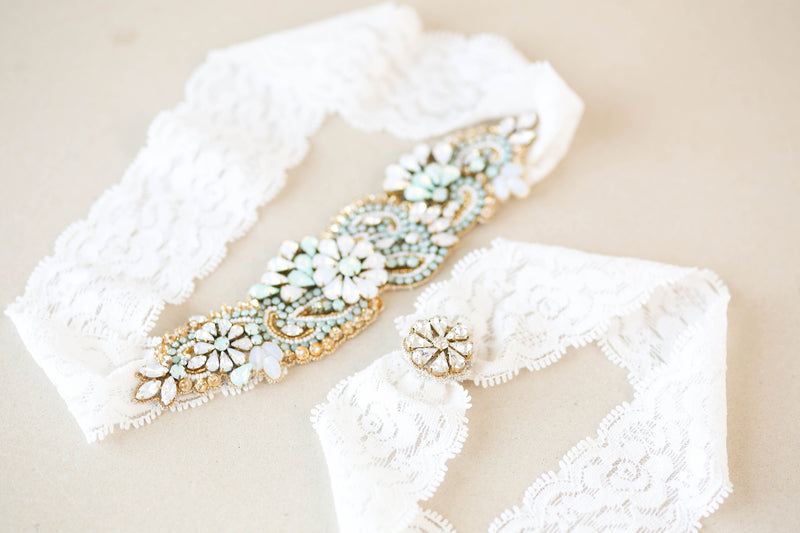 Gold and Opal Bridal Garter Set Wedding Garters Style R119