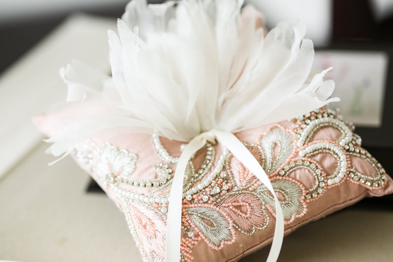beaded ring bearer pillow in peach