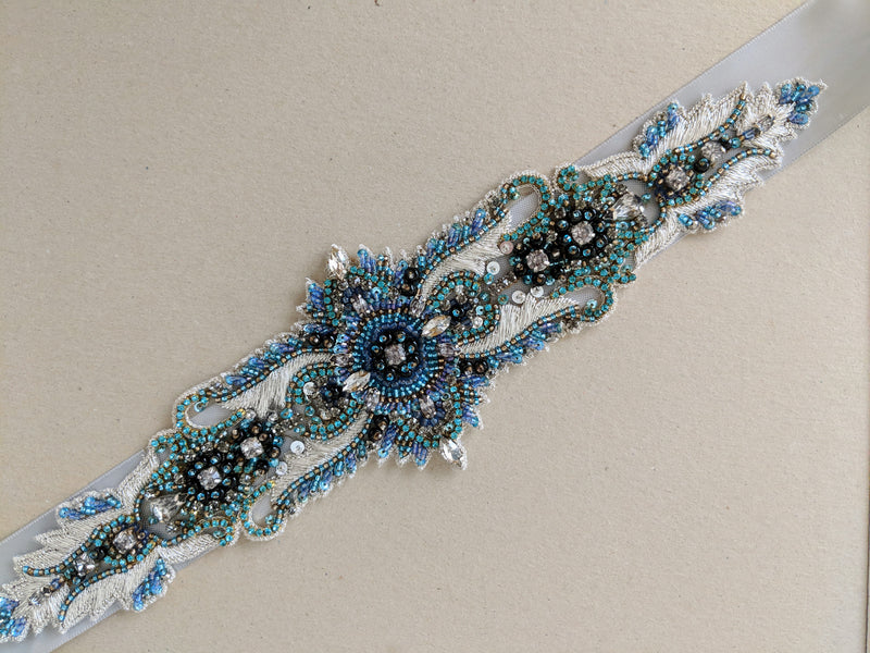 Wedding dress sash in blue