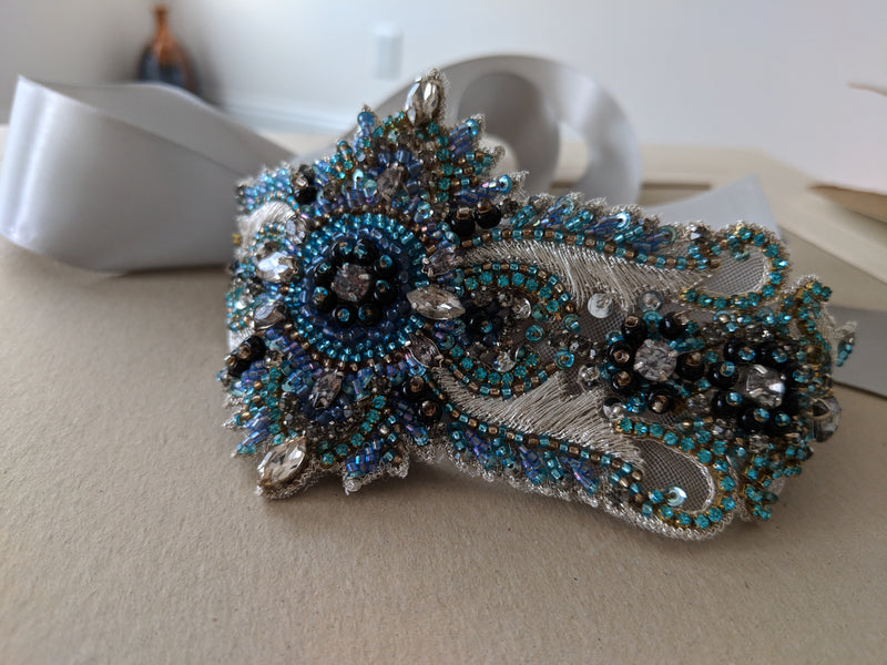 Wedding Sash in Blue and Silver