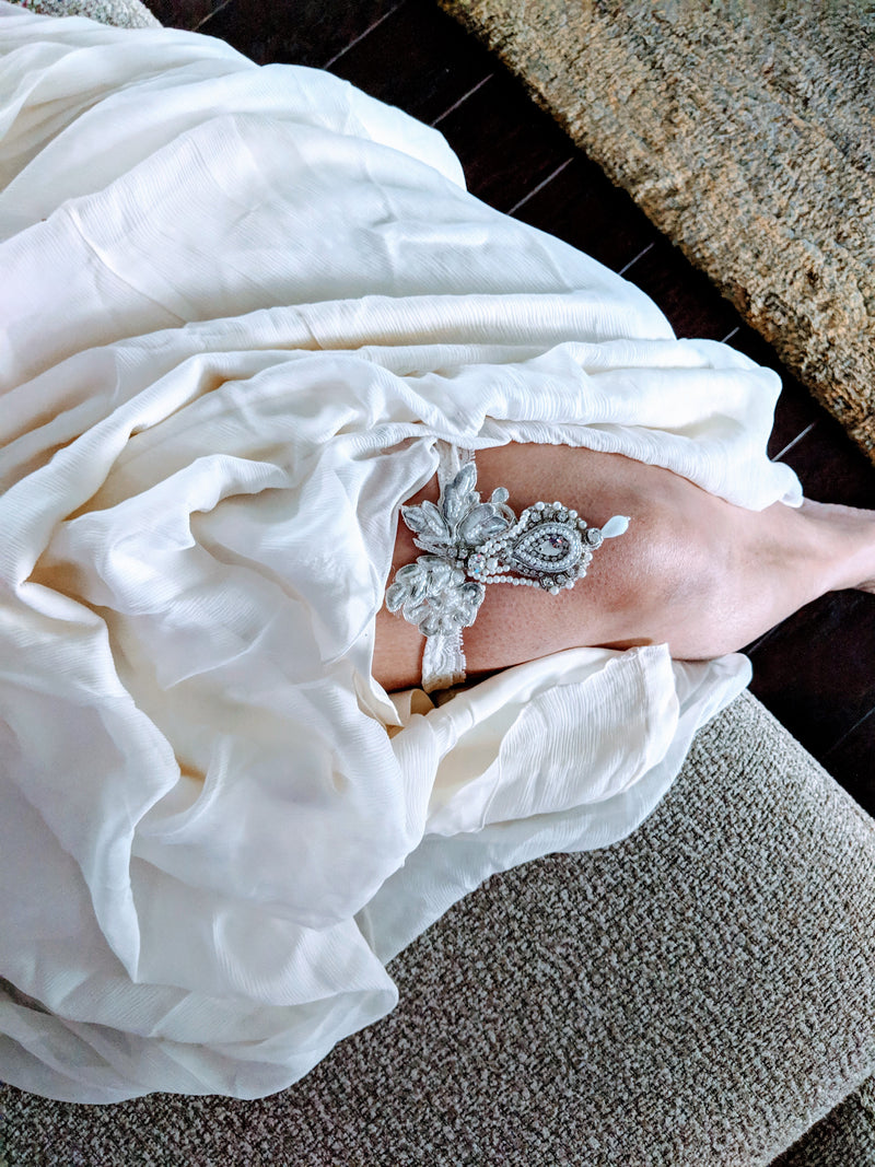 Ivory and Silver Wedding Garter with Crystal Accents - Style G1902