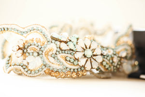 crystal wedding garter set in gold and blue