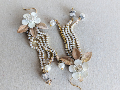 Bridal Earrings Drop in Gold with Pearls, Style E1914