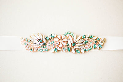 Emerald Green, Gold and Peach Wedding Belt, Bridal Sash - Style R106