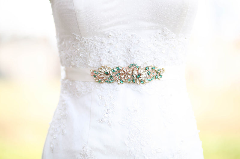 emeralnd green gold and peach bridal sash AU