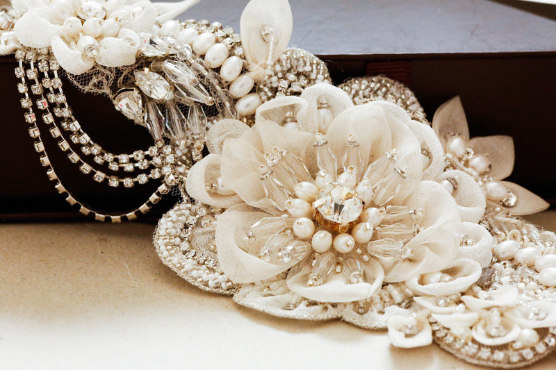 wedding dress sash ivory 4663 Boho Pearls & Crystal Leaves Hand Wired Floral Vine Bridal Belt on Ivory Ribbon