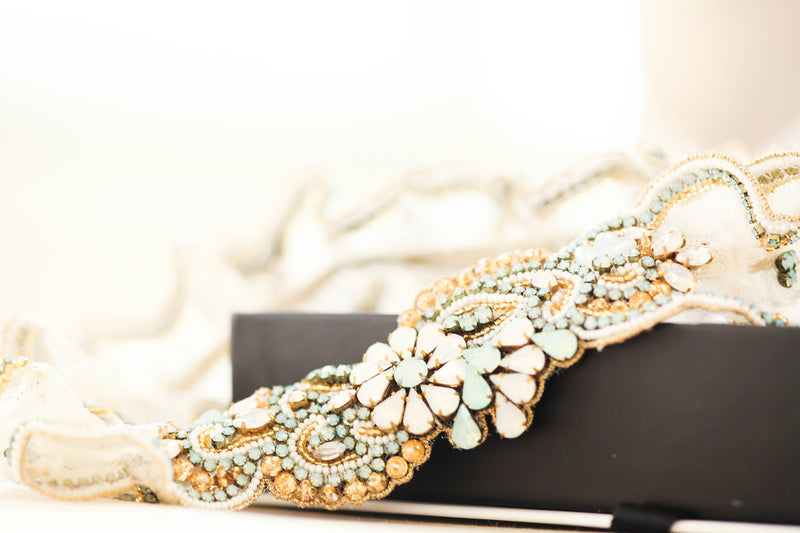 unique bridal garter set in gold and mint green